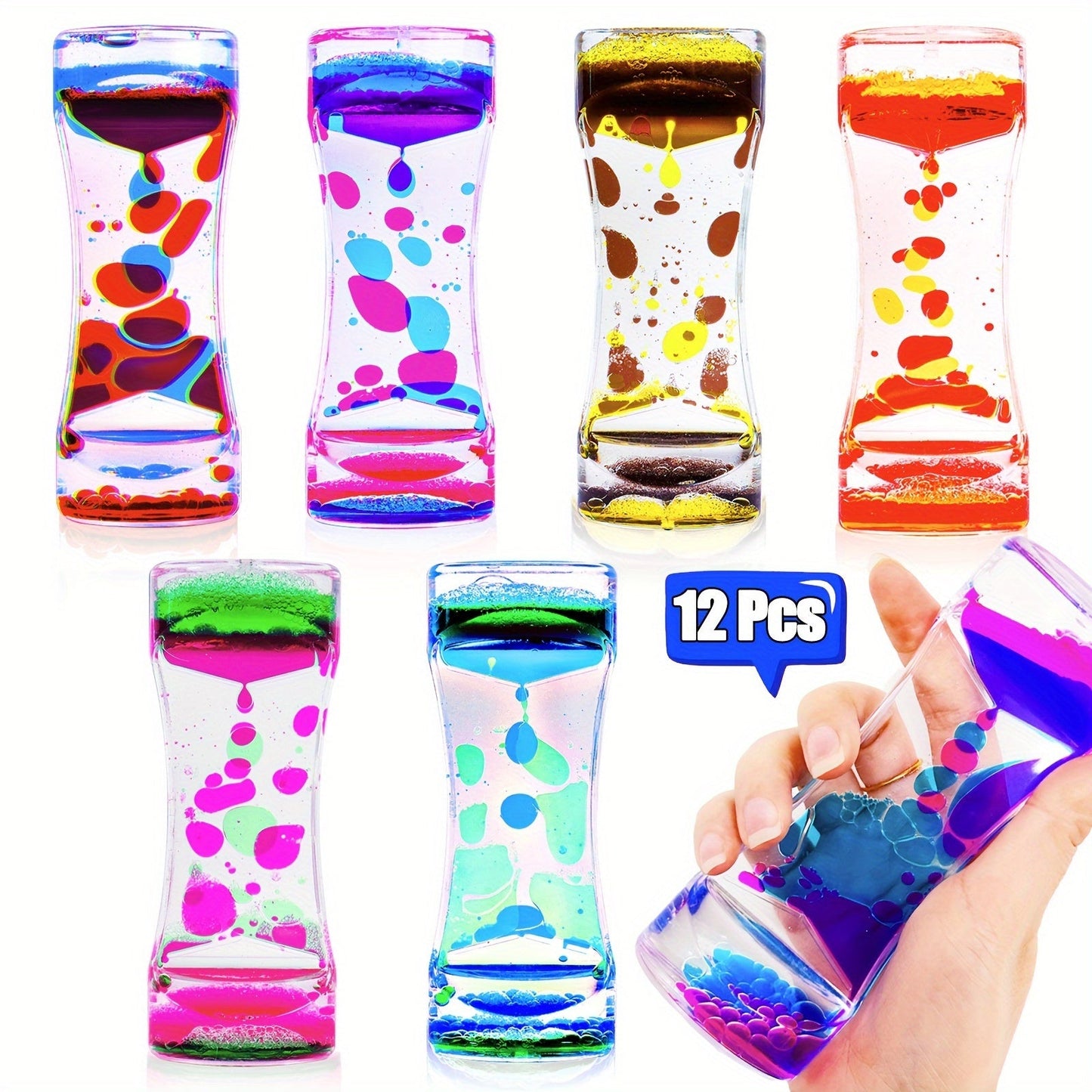 Liquid Motion Bubbler Timer 6 12 Pack Sensory Fidget Toys for Kids Adults, Colorful Liquid Hourglass Desk Toy for Stress Relief, Party Favors Classroom Prizes Christmas Stocking Stuffers for Boys Girls