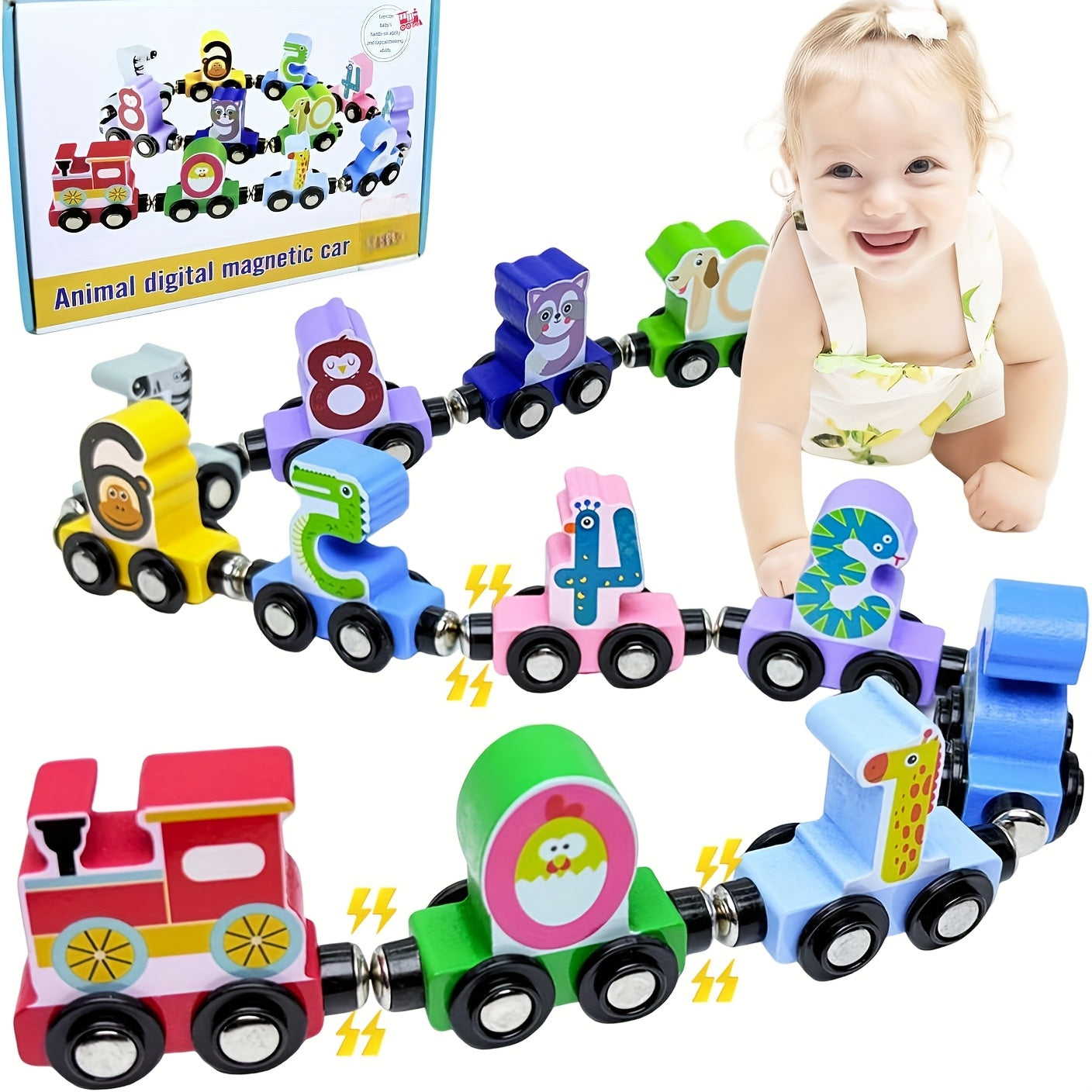 Magnetic Wooden Animal Train Set 12pcs with Storage Bag – Number & Animal Learning Toy for Toddlers Ages 1 2 3 – Christmas Birthday Easter Gift for Boys Girls