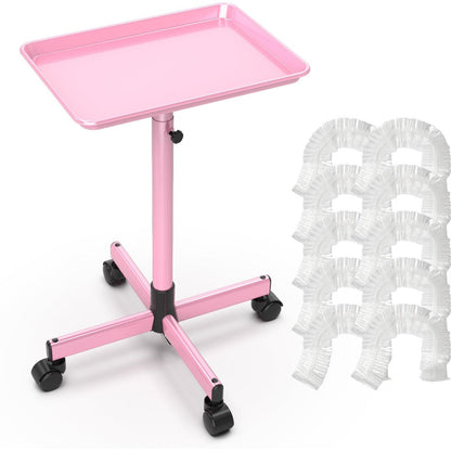 Salon Rolling Trolley Cart Adjustable Height with 10 Disposable Covers Mobile Utility Tray for Spa Tattoo Hairstylist Nail Salon Fits Trays up to 27.5 Inch Gold Pink