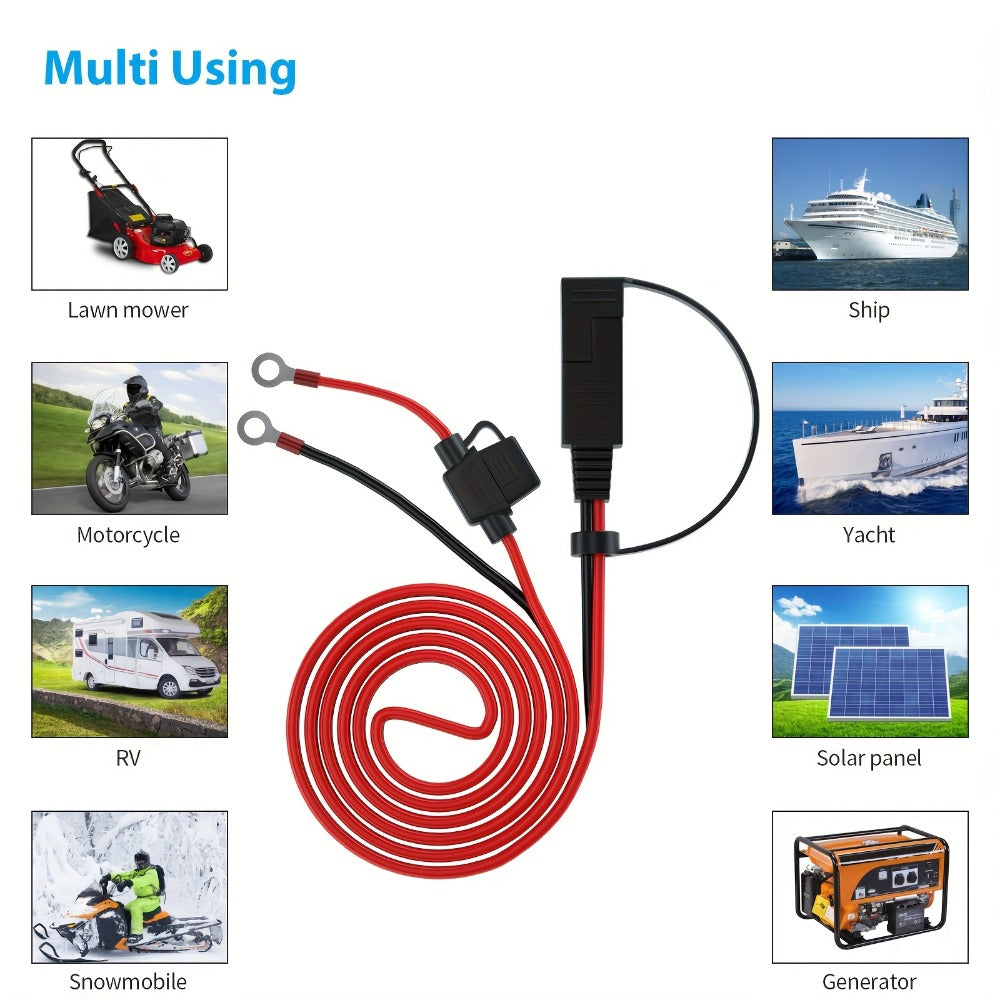 SAE Battery Cable Extension Wire 2pcs – SAE to O-Ring Terminal Connector Harness with 10A Fuse for Motorcycle, Car, ATV, Tractor & Riding Mower Battery Charging & Power Access