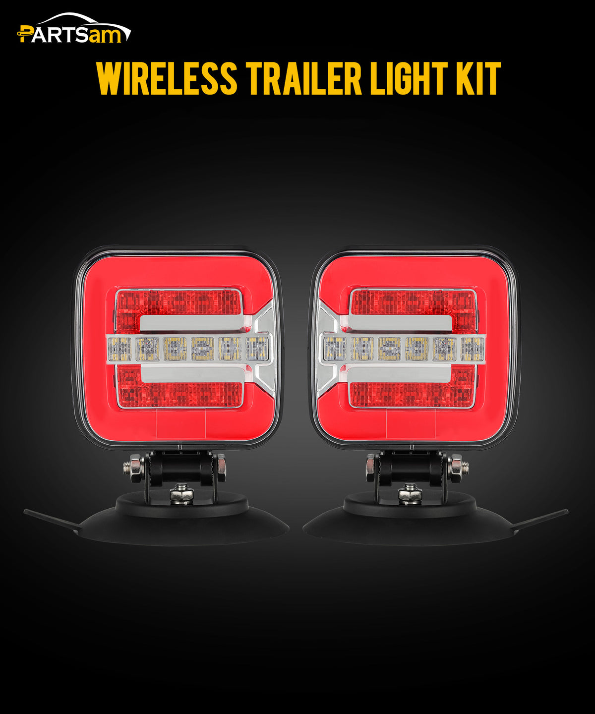 Partsam Wireless LED Trailer Light Kit, Square Portable Magnetic Stop Turn Reverse License Towing Tail Lights with Metal Bracket 7-Pin Plug for Trucks Trailers 12-24V