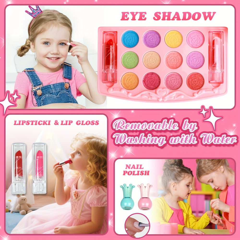 Kids Makeup Kit for Girls Ages 5-12 – 48PCS Princess Pretend Play Cosmetics Set, Washable Hypoallergenic Eyeshadow, Blush, Lip Gloss, Glitter, Nail Polish & Tools, Birthday Gift for Girls
