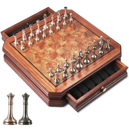 Wooden Chess Set with Metal Pieces & Storage Drawers 12 Inch – 2.5" Kings 2 Extra Queens Vintage Mahogany Board for Adults Beginners, Premium Strategy Game Gift