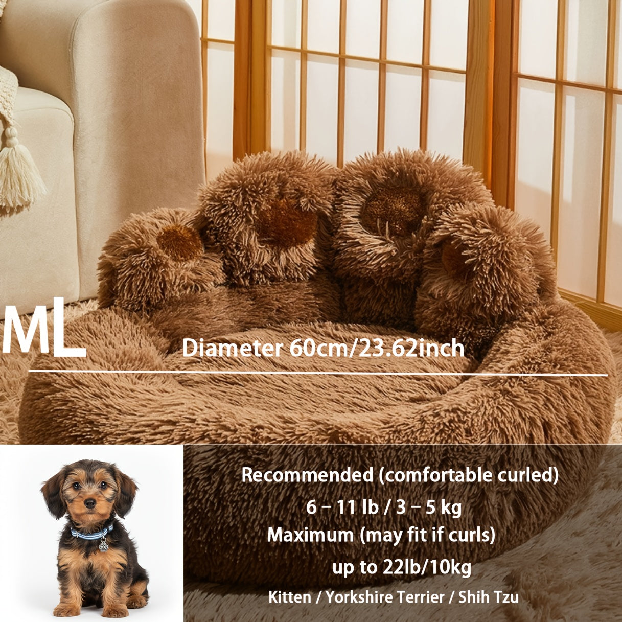 Plush Dog Bed Bear Paw Design – Thickened Soft Warm Pet Cushion Bed for Dogs & Cats, Non-Slip Bottom, Extra Large Cat Bed, 4 Sizes ML/L/XL/2XL – Pink, Grey, Coffee