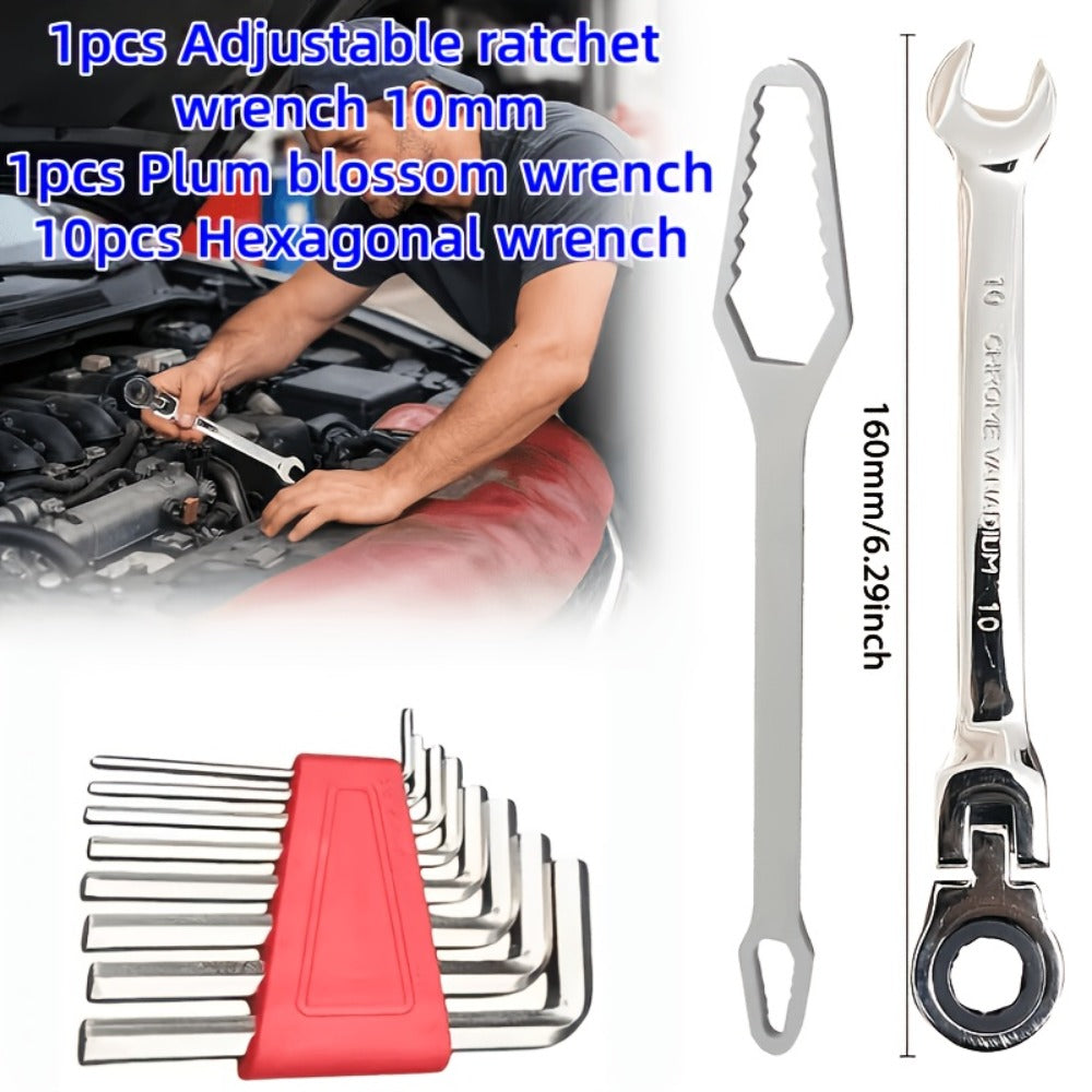 Wrench Set 10-Piece Multi-Function – 8 Hex Wrenches, Flare Wrench & 10mm Ratchet Wrench, Chrome Vanadium Steel, 180° Rotating Double-Ended 72-Tooth Precision Gear Design