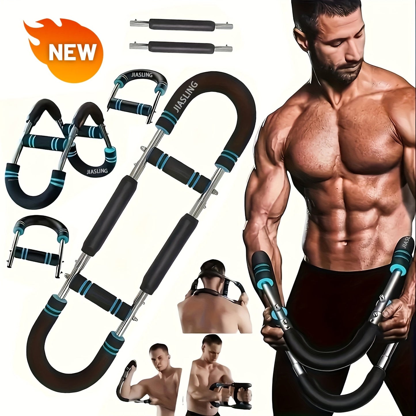 Arm Strength Trainer U-Shaped Spring Resistance Bar – Portable Home Gym Chest Expander & Forearm Strengthener with 2-Level Adjustable Resistance Bands, Detachable Design & Comfortable Grip | 3 Colors