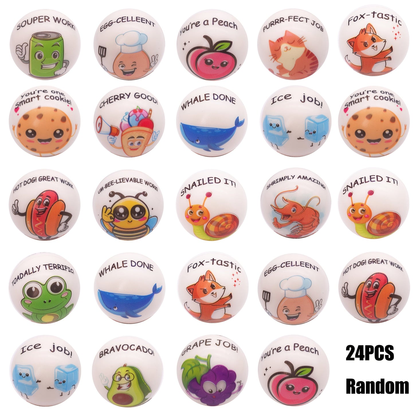 Motivational Animal Squeeze Stress Balls 24 Pack – 1.18 Inch Soft TPU Sensory Balls with Inspirational Quotes, Cartoon Animal Theme, Classroom Party Favors & Team Building Gifts