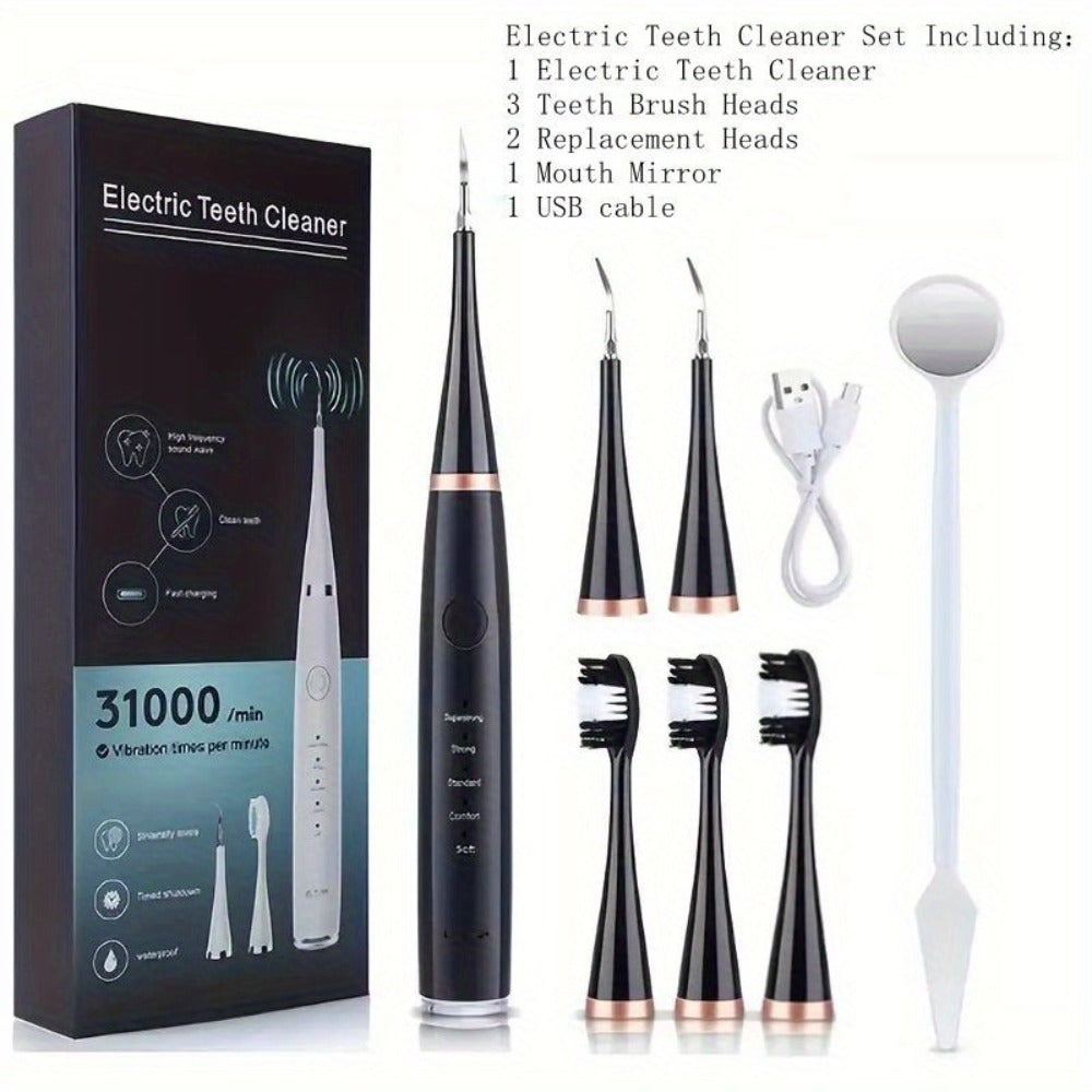 Electric Teeth Cleaner Kit USB Rechargeable – 5 Cleaning Modes Dental Scaler Plaque Tartar Remover Gum Health Tool for Adults Family Holiday Gift Set Black White Green