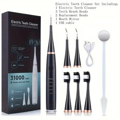 Electric Teeth Cleaner Kit USB Rechargeable – 5 Cleaning Modes Dental Scaler Plaque Tartar Remover Gum Health Tool for Adults Family Holiday Gift Set Black White Green