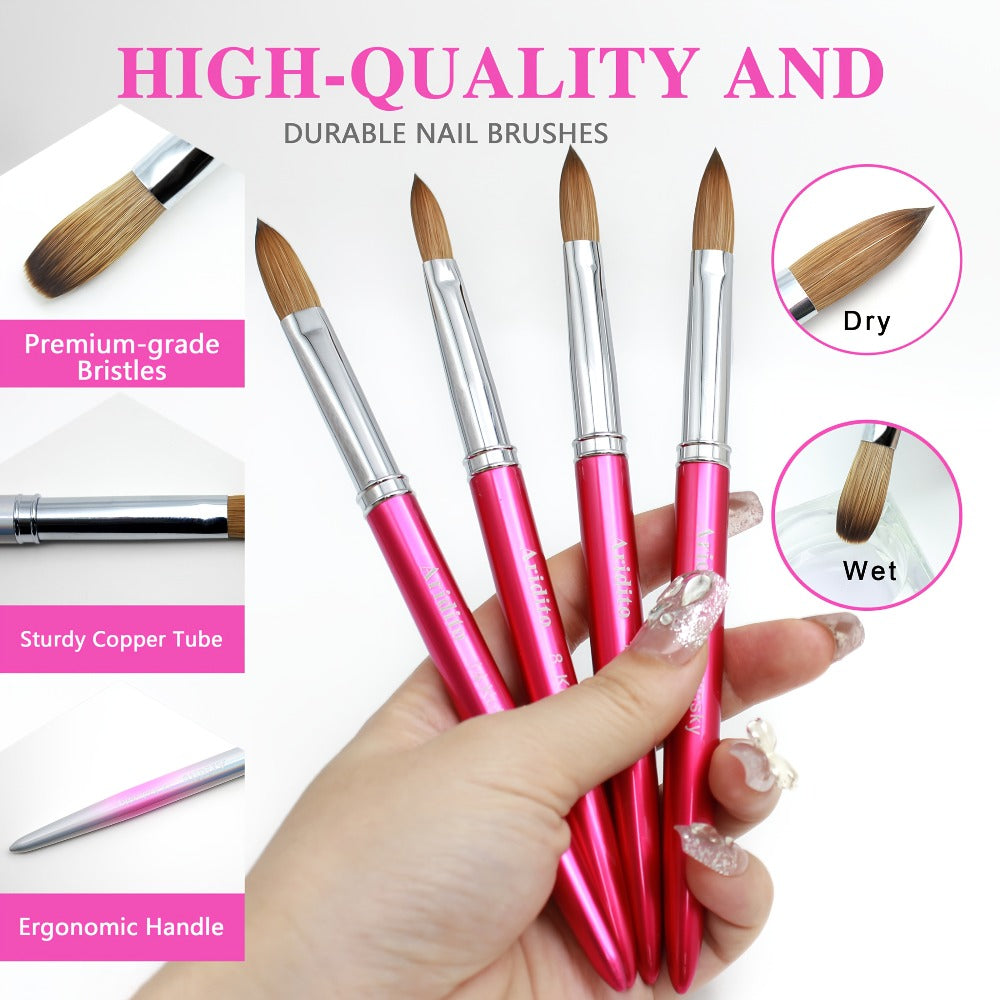 Kolinsky Acrylic Nail Brush Set 100% Pure Kolinsky Hair Flat Shape Sizes #10 #12 #14 – Professional Nail Art Sculpting Extension Brush with Rose Red Handle & Cap for Nail Technicians & Home Use