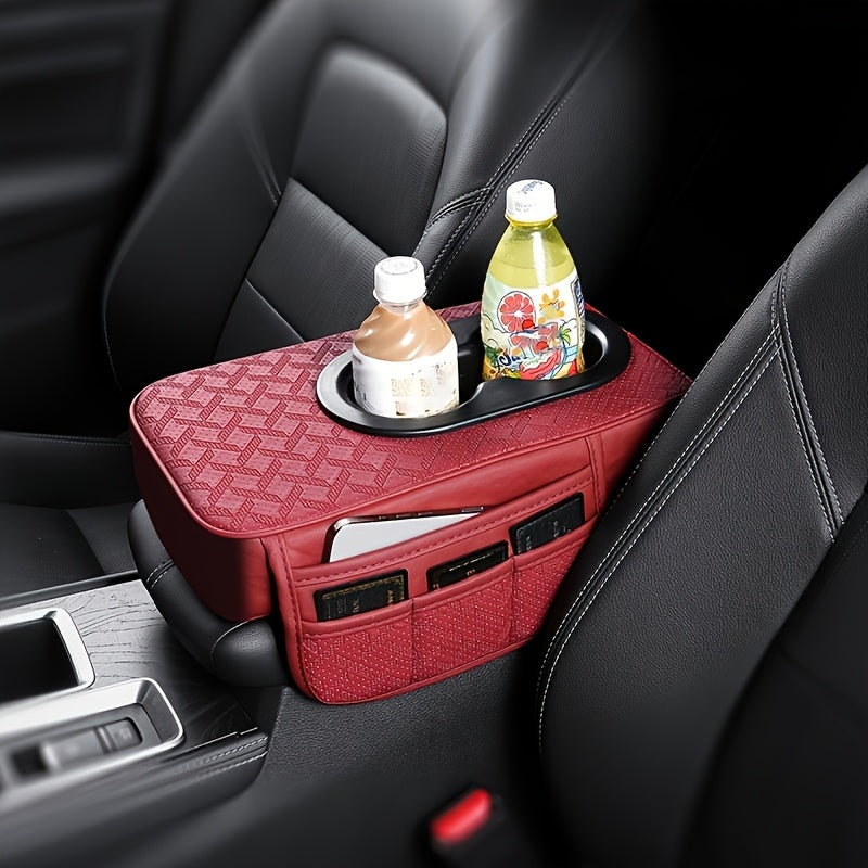 [PU Leather Console Mat] Universal Car Armrest Box Cover, PU Leather Center Console Mat With 2 Side Pockets + 2 Cup Holders, Multi-Functional Storage For Phone/Water Bottle/Cards, Fits Most Car Models, Tissue Box Replacement 3pcs Set-1