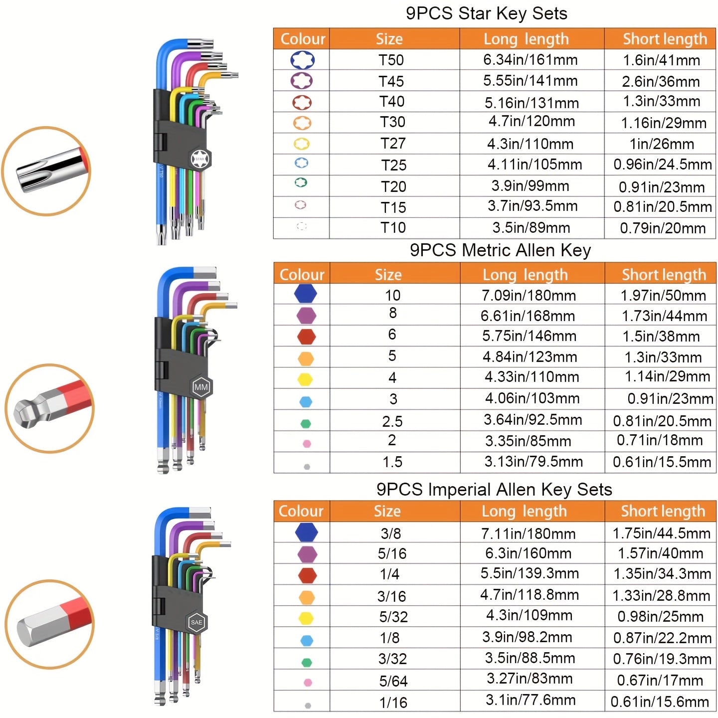 Professional 27pcs Hex Wrench Set, Long Ball And Star Hex Wrench Set, Hex Socket Wrench Set with T-Shaped Handle, Color Coded, Chrome Vanadium Steel, Used for Bicycle Repair, Home, 1.5-10Mm, T10-T50, 1/16-3/8