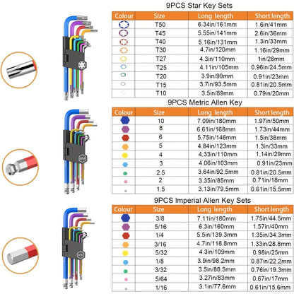 Professional 27pcs Hex Wrench Set, Long Ball And Star Hex Wrench Set, Hex Socket Wrench Set with T-Shaped Handle, Color Coded, Chrome Vanadium Steel, Used for Bicycle Repair, Home, 1.5-10Mm, T10-T50, 1/16-3/8
