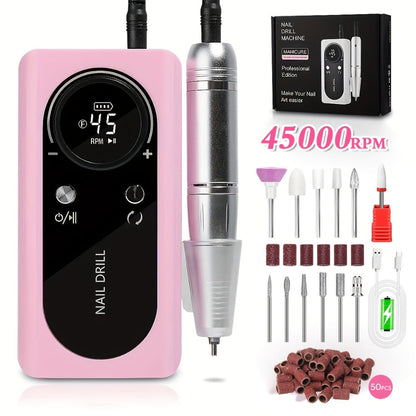 Low Noise Nail Drill Machine 45000RPM Rechargeable with LCD Display — Quiet Electric E-File for Gel Polish Acrylic Natural Nails, Professional Cordless Nail Sander for Home & Salon Manicure, White Purple Pink