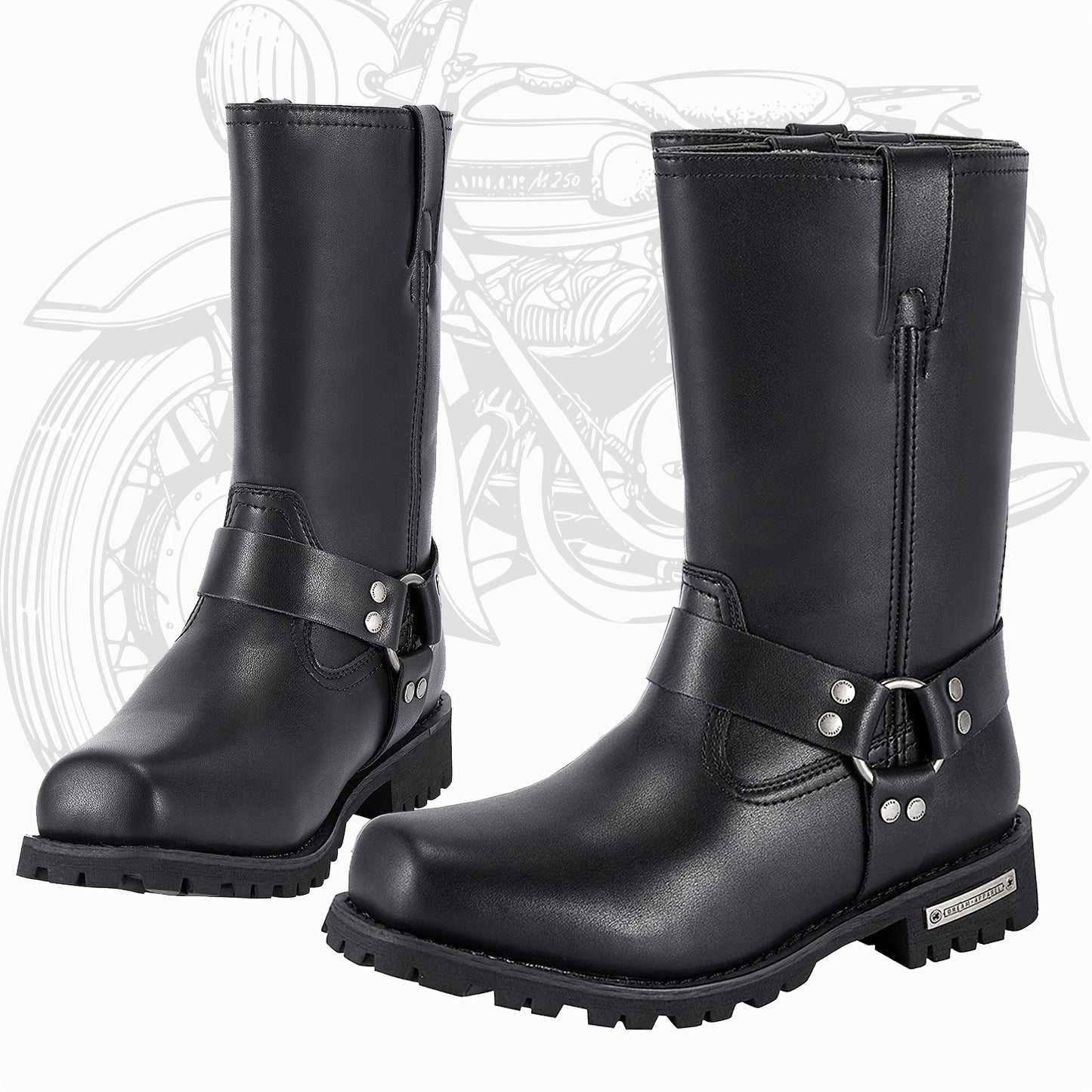 [Men'S Motorcycle Boots] Men's 11in Harness Motorcycle Boots, DREAM APPAREL, PU Leather, Non-Slip, Square Toe, Abrasion Resistant, Mid-Calf Biker Boots For All-Season Riding Shoes