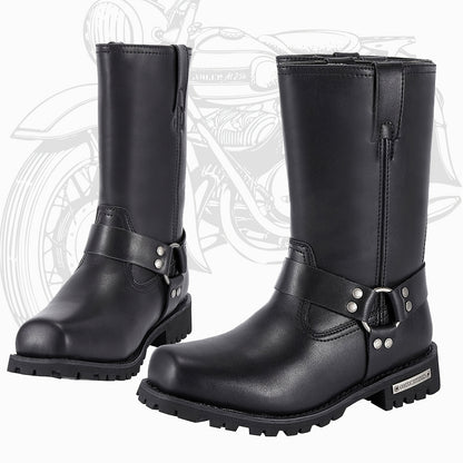 [Men'S Motorcycle Boots] Men's 11in Harness Motorcycle Boots, DREAM APPAREL, PU Leather, Non-Slip, Square Toe, Abrasion Resistant, Mid-Calf Biker Boots For All-Season Riding Shoes