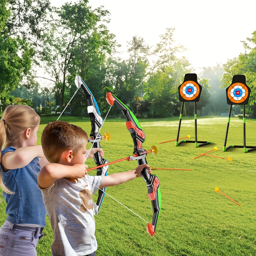 Kids Bow and Arrow Archery Set 10 Suction Cup Arrows Quiver Standing Target Safe Outdoor Toy Boys Girls Ages 3+ Birthday Christmas Holiday Gift Young Archers Green