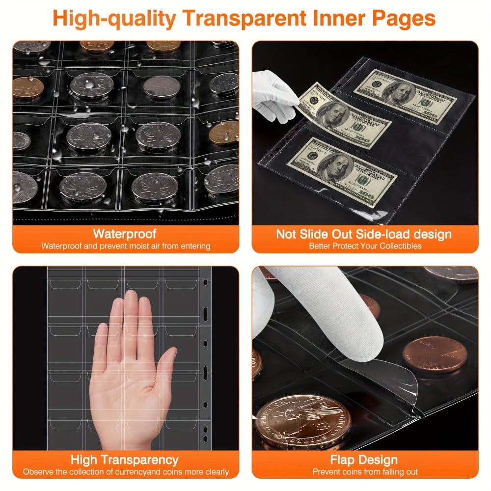300-Pocket Coin Collection Book with Lock - Fireproof Holder, 72 Currency Sleeves, Coin Organizer Album for Pennies, Bills & Stamps | Complete Collector Supplies Set - Black