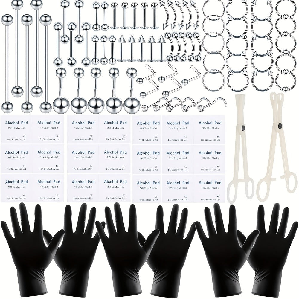 Professional Piercing Kit 120pcs – Complete Body Piercing Set with Stainless Steel Needles, Clamps, Gloves & Jewelry for Ear, Nose, Septum, Belly Button, Lip & Tongue