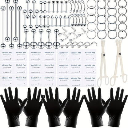 Professional Piercing Kit 120pcs – Complete Body Piercing Set with Stainless Steel Needles, Clamps, Gloves & Jewelry for Ear, Nose, Septum, Belly Button, Lip & Tongue