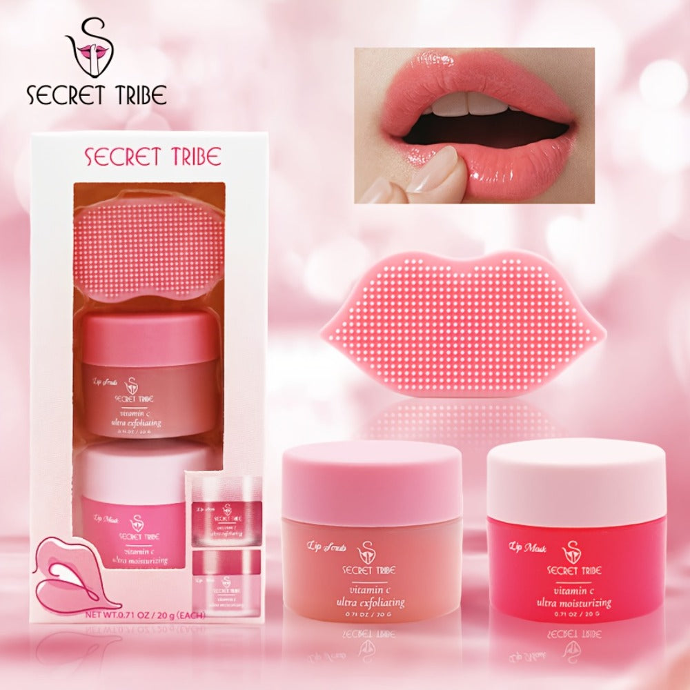 Lip Care Set 3pcs – Lip Mask, Lip Scrub Balm & Lip Brush Kit with Natural Ingredients for Deep Hydration, Exfoliation & Lip Color Enhancement, Strawberry & Peach Scent Gift for Women