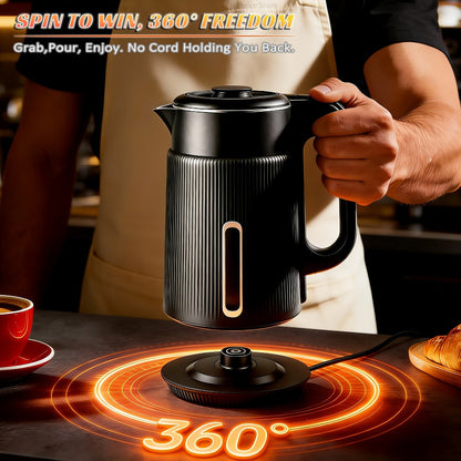 Electric Kettle 1000W Double Wall Stainless Steel – 57.48oz 304 SS Hot Water Kettle with 360° Rotary Base, LED Light, Auto Shut-Off & Boil-Dry Protection, Instant Water Warmer for Coffee & Tea – Black