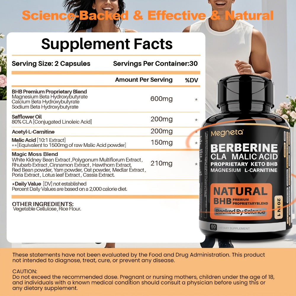 Keto BHB Weight Loss Capsules 20-in-1 with L-Carnitine CLA Berberine Malic Acid — Fat Burn Insulin & Liver Health Support | 60 Capsules 30-Day Supply | Advanced Metabolic Formula