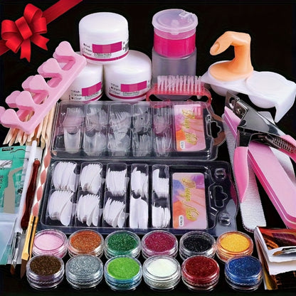 Acrylic Nail Powder Kit 12 Colors Glitter – Complete Beginner Nail Extension Tool Set with Nail Plate, Press Bottle & Extension Paper Holder for Salon & DIY Home Nail Art
