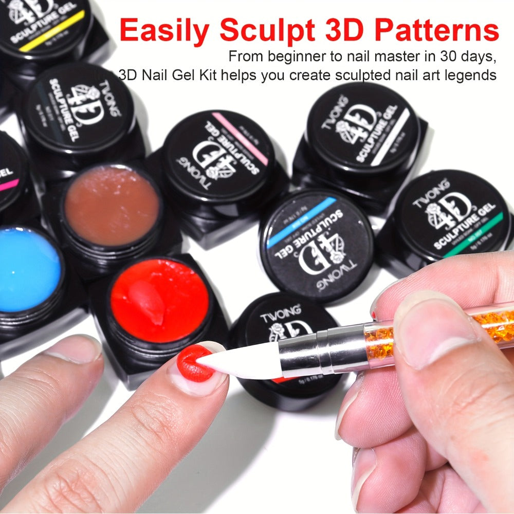 Nail Sculpting Gel Kit 3D 4D 12 Colors with Carving Pen — Firm Non-Sticky Soak-Off Sculpture Gel for Flowers, Leaves, Geometric Designs & Nail Extensions | UV LED DIY & Salon Nail Art for Women