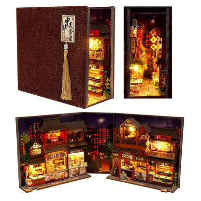 Book Nook Kit Chinese Food Street Miniature Dollhouse 3D Wooden Puzzle Bookshelf Insert DIY Model Building Set for Adults Teens – No Glue Needed Birthday Christmas Housewarming Gift
