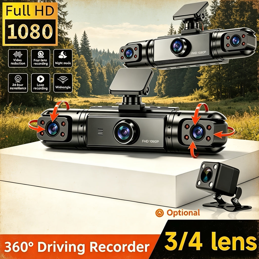 HOEMYER 360° Panoramic 3/4 Lens Channel 1080P HD Ultimate Dash Cam Kit, 1080P Front And 720P Front-Rear-Left-Right Full Coverage, Quad-View Display, HD Night Vision, WDR, G-Sensor