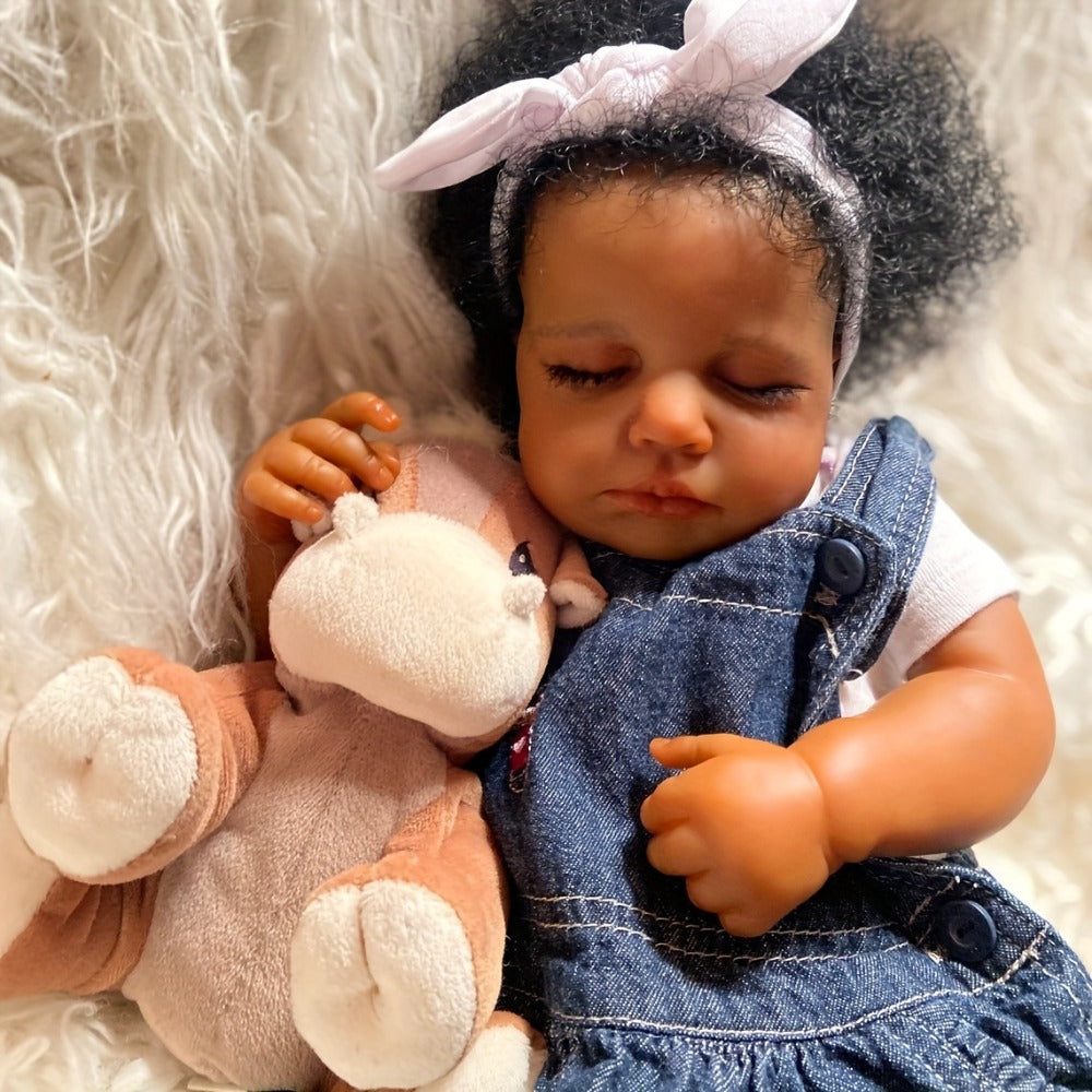 Reborn Baby Doll 19 Inch Curly Blue Hair with Sleeping Sounds Soft Cloth Body & 2.6lbs Lifelike Weight – Hand-Painted Details Includes Outfit Pacifier Plush Toy & Birth Certificate, Newborn Gift Ages 3+ 49cm