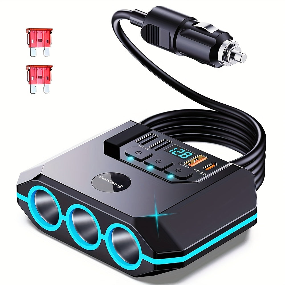 QC3.0 Car Lighter Socket Splitter Upgrade, 120W, Featuring 3 Sockets And 4 USB Ports with Dual PD 36W/QC3.0 Rapid Charging, LED Voltmeter, Individual Switches, 30-Inch Cable, Compatible with 12V-24V Vehicles