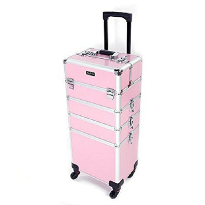 Makeup Train Case Rolling 4-in-1 Aluminum Lockable Trolley with 4 Removable Wheels Collapsible Trays DIY Compartments Telescopic Rod Cosmetic Organizer for Makeup Artists Salon Travel Black Pink Rhinestone