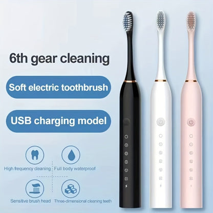 Rechargeable Electric Toothbrush with 6 Cleaning Modes & Smart Timer – USB Sonic Toothbrush for Adults, Replacement Heads Included, 3 Colors, Whitens Teeth & Protects Gums, Great Family Gift