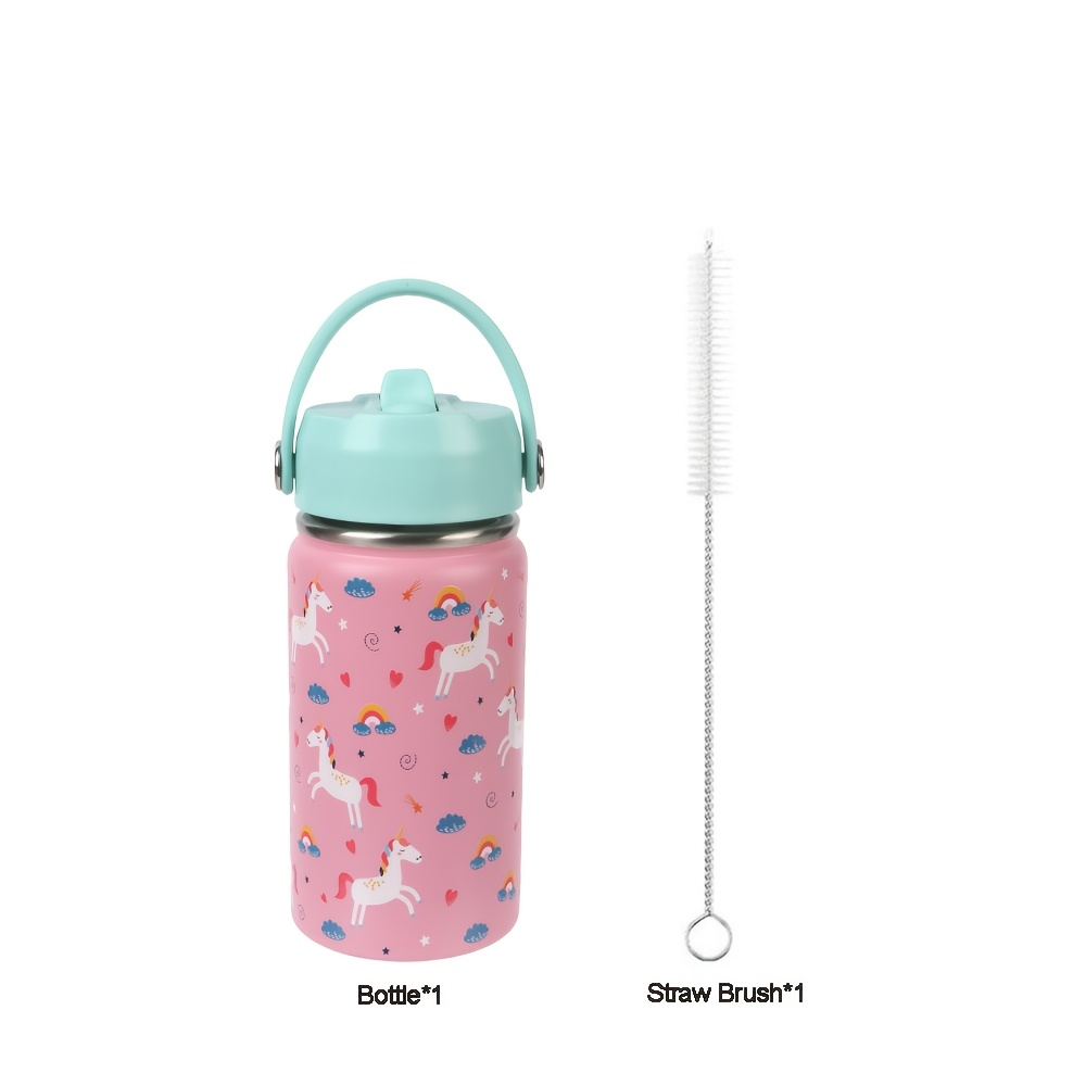 Insulated Stainless Steel Water Cup with Straw | 12oz 340ml, 3D Cartoon Pattern, Double Wall, Handle & Straw Brush – Travel, School & Outdoor