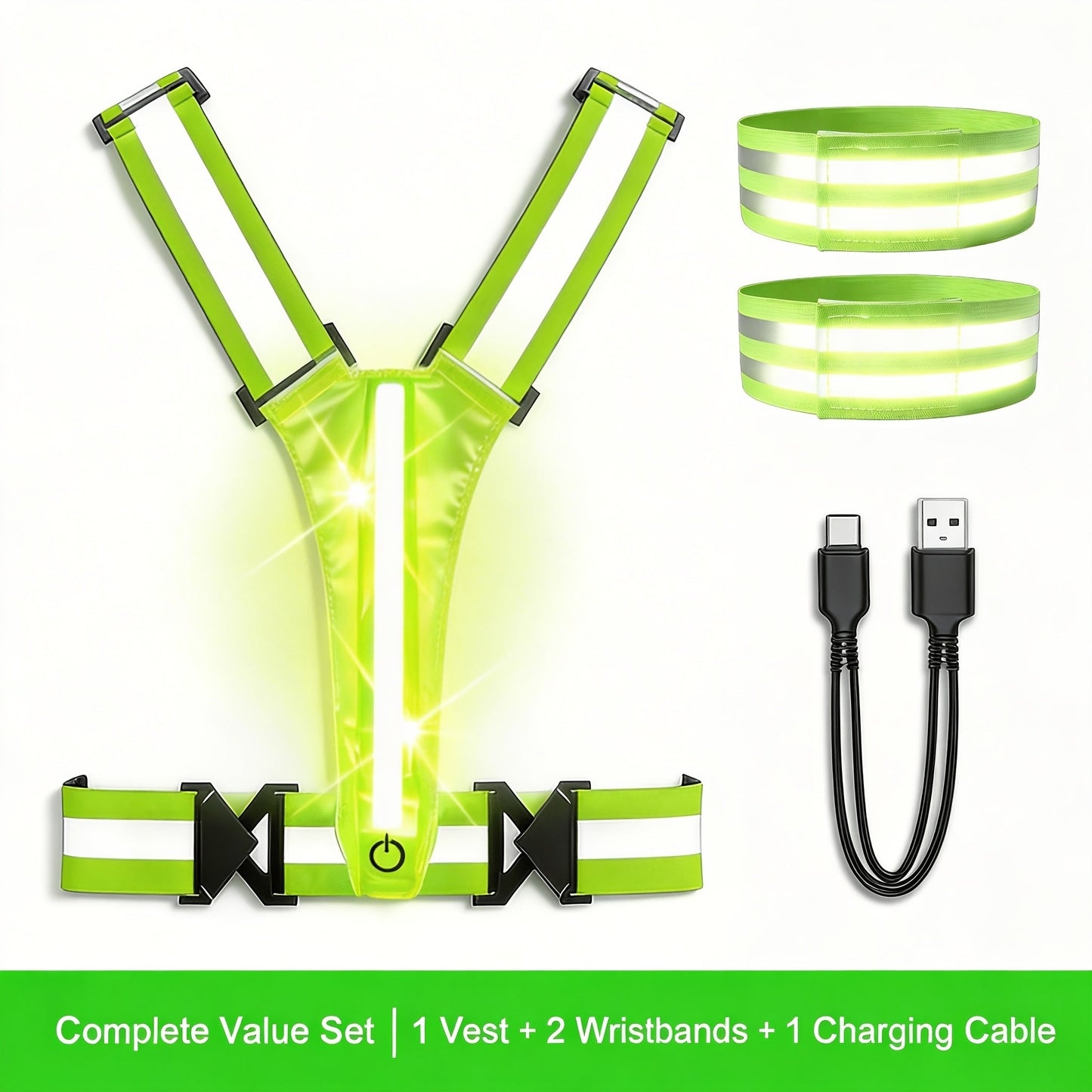 LED Reflective Running Vest – 360° USB Rechargeable Set