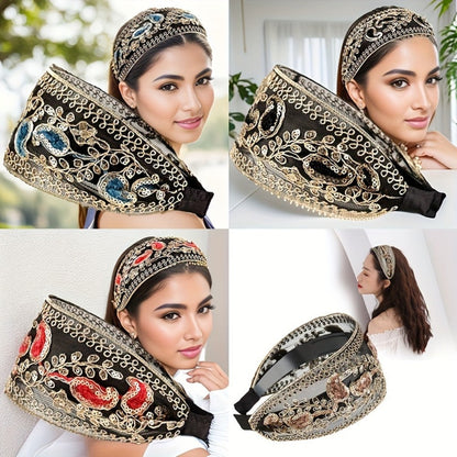 Wide Headbands for Women 2 Pack Lace Embroidered Sequin Flower Hair Hoops – Non-Slip Retro Chic Wide Hair Band for Daily Wear Spring Summer Styling Elegant Gift Set 2 Colors Black Red