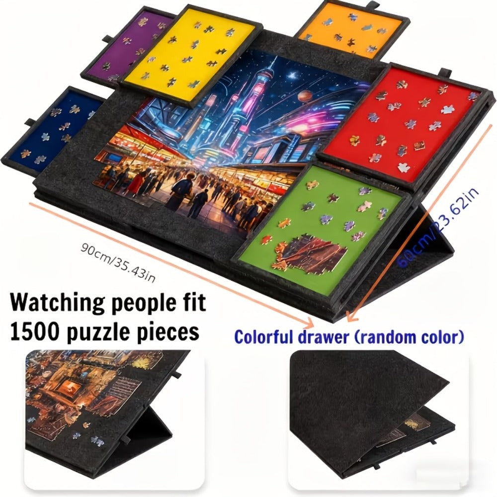 Jigsaw Puzzle Board with 6 Colored Drawers for 1000 & 1500 Piece Puzzles – Portable Tilting Felt Mat, 2-in-1 Bracket Cover, Lightweight Puzzle Storage Organizer for Adults