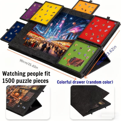 Jigsaw Puzzle Board with 6 Colored Drawers for 1000 & 1500 Piece Puzzles – Portable Tilting Felt Mat, 2-in-1 Bracket Cover, Lightweight Puzzle Storage Organizer for Adults