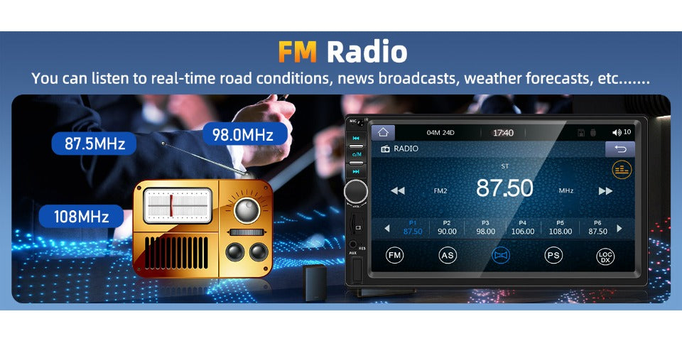 7" Double Din Car Stereo with Bluetooth 5.0, Touchscreen Universal Car Multimedia Player with Wired CarPlay & Android Auto, FM Radio, Rear View Camera Mic Support TF/USB