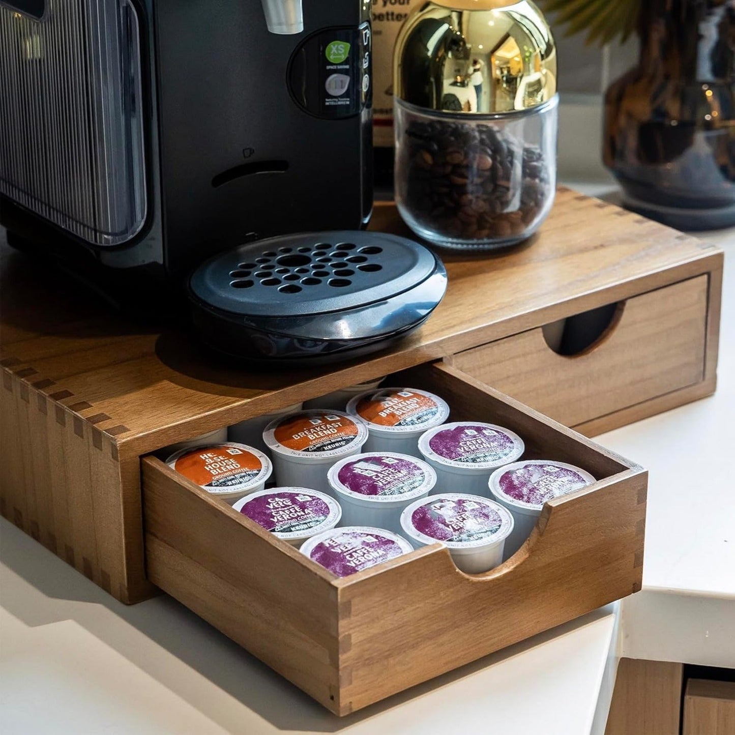 Coffee Machine Stand with K-Cup Storage Rack – Wooden Countertop Coffee & Tea Organizer with Drawer, Holds 30 Boxes of K-Cups or Tea Bags, Coffee Bar Station Organizer for Home & Office – Wood Color