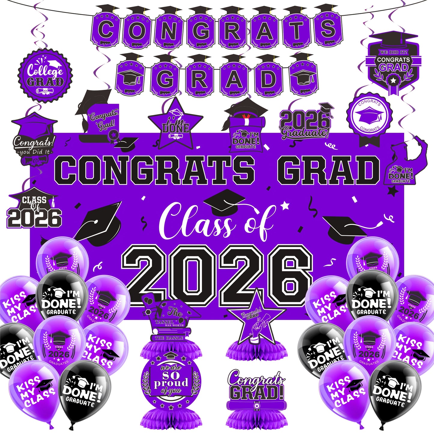 Class of 2026 Graduation Party Decorations – Complete Set with Backdrop Banner Hanging Swirls Balloons & Honeycomb Supplies, 6 Color Options Purple Maroon Blue Red Green Gold