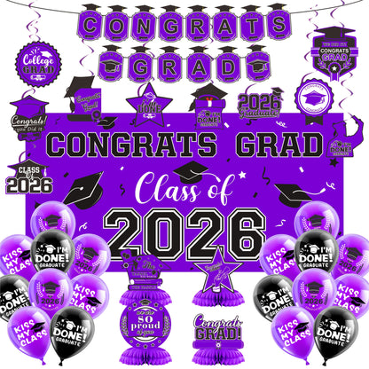 Class of 2026 Graduation Party Decorations – Complete Set with Backdrop Banner Hanging Swirls Balloons & Honeycomb Supplies, 6 Color Options Purple Maroon Blue Red Green Gold