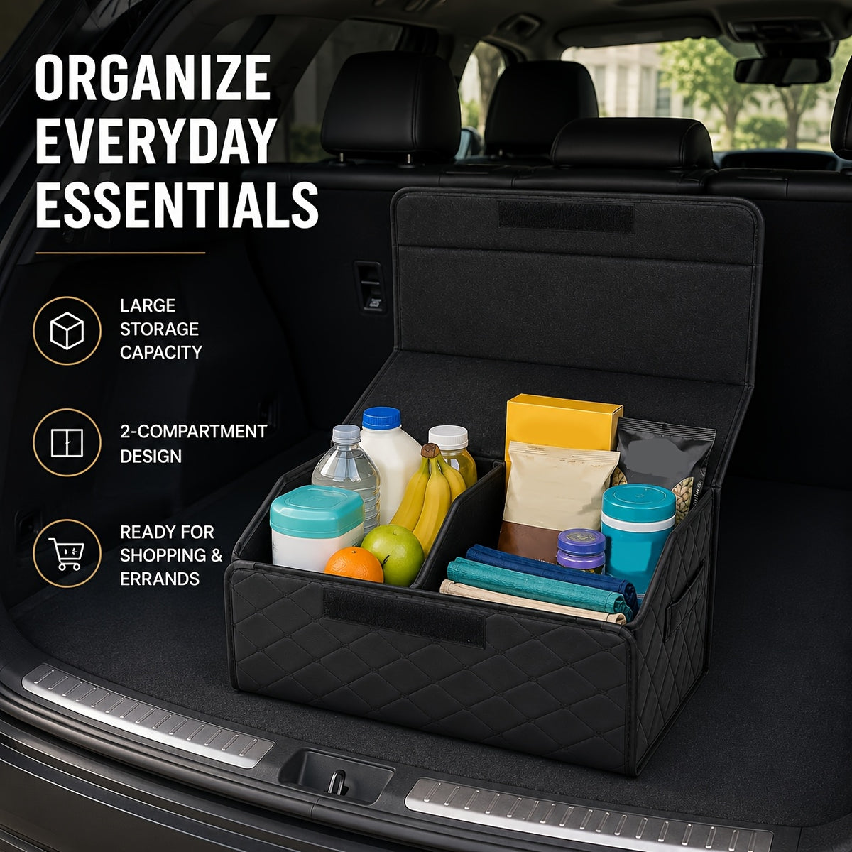 Faux Leather Car Trunk Organizer with Lid, Keep Your Trunk Tidy, Foldable Large Capacity Cargo Storage Box for Groceries, Tools, Sports Gear, Travel Essentials, Suvs, Sedans, And Trucks
