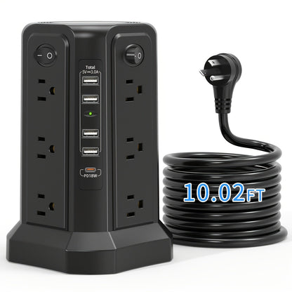 Surge Protector Power Strip Tower with 12 AC Outlets 5 USB Ports 8.8FT Extension Cord Night Light 4 Individual Switches Overload Protection for Home Office Desk Dorm Room