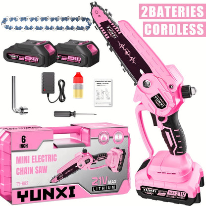 Mini Chainsaw 6 Inch 21V Cordless Battery Powered | Handheld Electric Chain Saw for Tree Branch Trimming Wood Cutting | Lightweight Portable Pruning Saw Pink