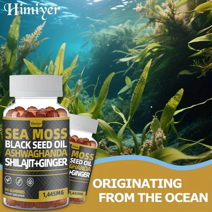 Sea Moss Gummies with Black Seed Oil, Ashwagandha, Shilajit, Elderberry, Chlorophyll, Turmeric & Bladderwrack – 8-in-1 Immune & Whole Body Wellness Supplement, 60 Gummies 2-Month Supply