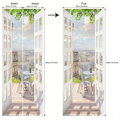 Door Sticker Balcony Scenery Wall Mural – Removable Waterproof Peel & Stick Large Wall Art for Bedroom & Living Room, Faux Window View Home Decor, 35.43 x 78.74 Inches