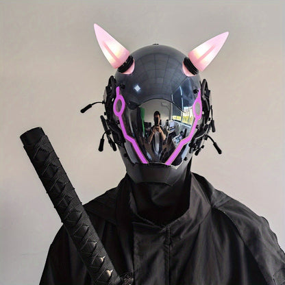 Electric Pink Punk Cosplay Mask with Helmet – Battery-Powered LED Full Face Mask for Halloween, Christmas, Easter, Rave Music Festival & Party, Unisex Adult Costume Prop, Cool Gift for Men & Women